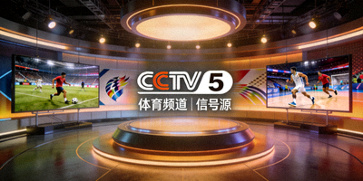 CCTV5体育频道信号源标识画面，专业演播室背景