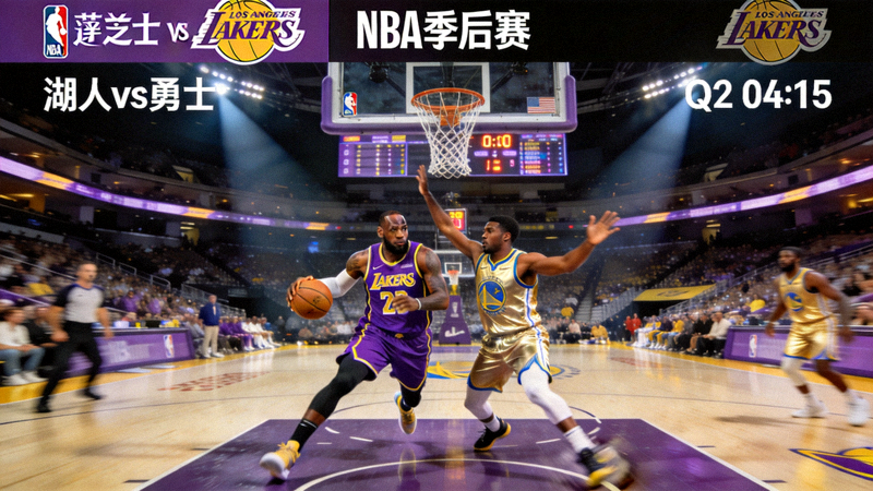 NBA季后赛湖人队对阵勇士队的直播画面，球员冲击篮筐